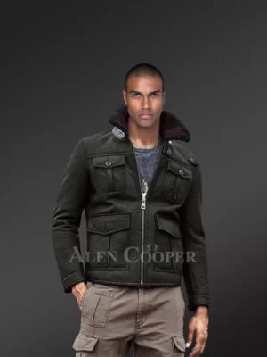 Military Green Authentic Shearling Jacket with Four Pockets