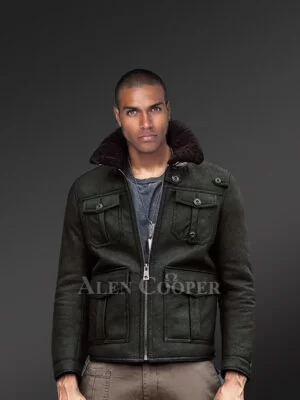 Military Green Authentic Shearling Jacket with Four Pockets view