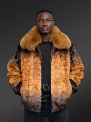Mink Fur Bomber Jacket with Fox Collar for Men in Golden Dark Brown Contrast