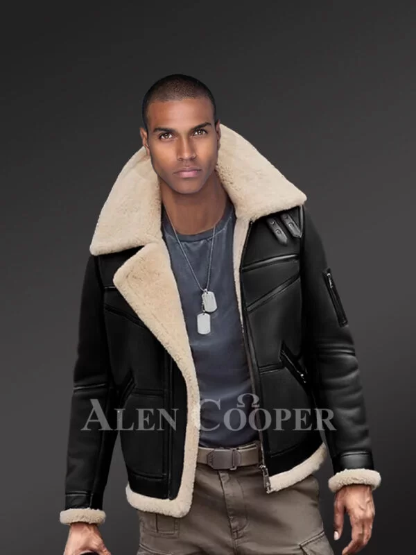 Moto Style Shearling Black Jacket With Double Collar Belts - Image 2