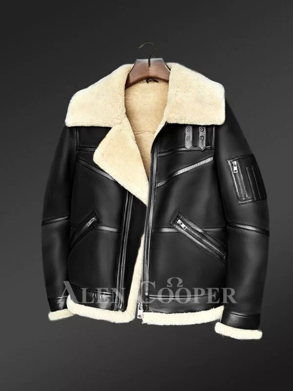 Moto Style Shearling Black Jacket With Double Collar Belts - Image 4