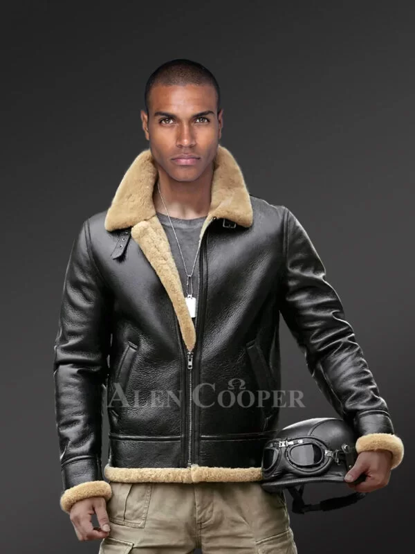 Motorcycle shearling jacket in black for stylish men! view