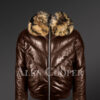 Men’s 100% real leather coffee v bomber winter jacket with raccoon fur collar model