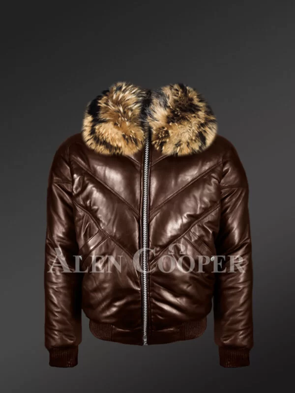 Men’s 100% real leather coffee v bomber winter jacket with raccoon fur collar model