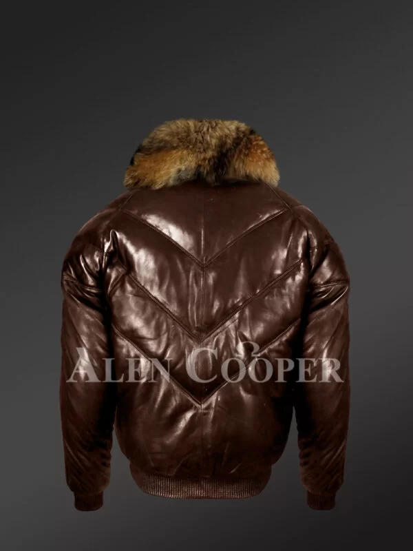 Men’s 100% real leather coffee v bomber winter jacket with raccoon fur collar model