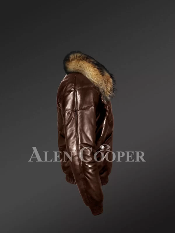 Men’s 100% real leather coffee v bomber winter jacket with raccoon fur collar model