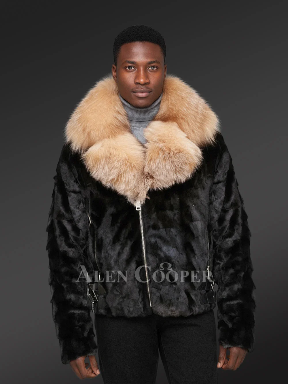 Premium Mink Jacket for Men in Luxurious Crystal Fox Fur Collar and Lapel