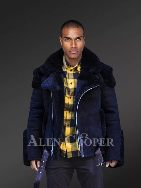 Premium Navy Blue Biker-Style Shearling Jacket - Image 2