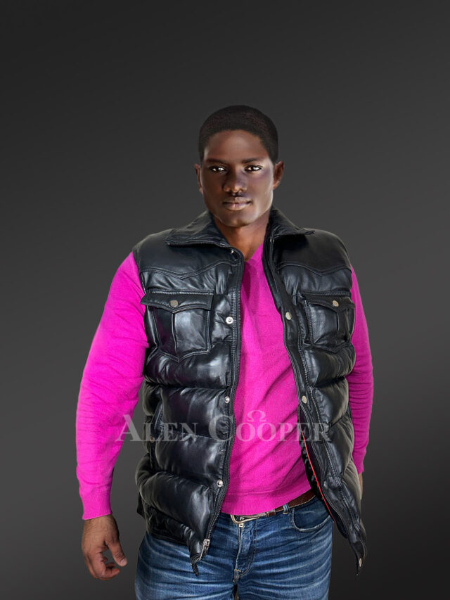 Puffy Leather Bubble Vest Jacket for Men