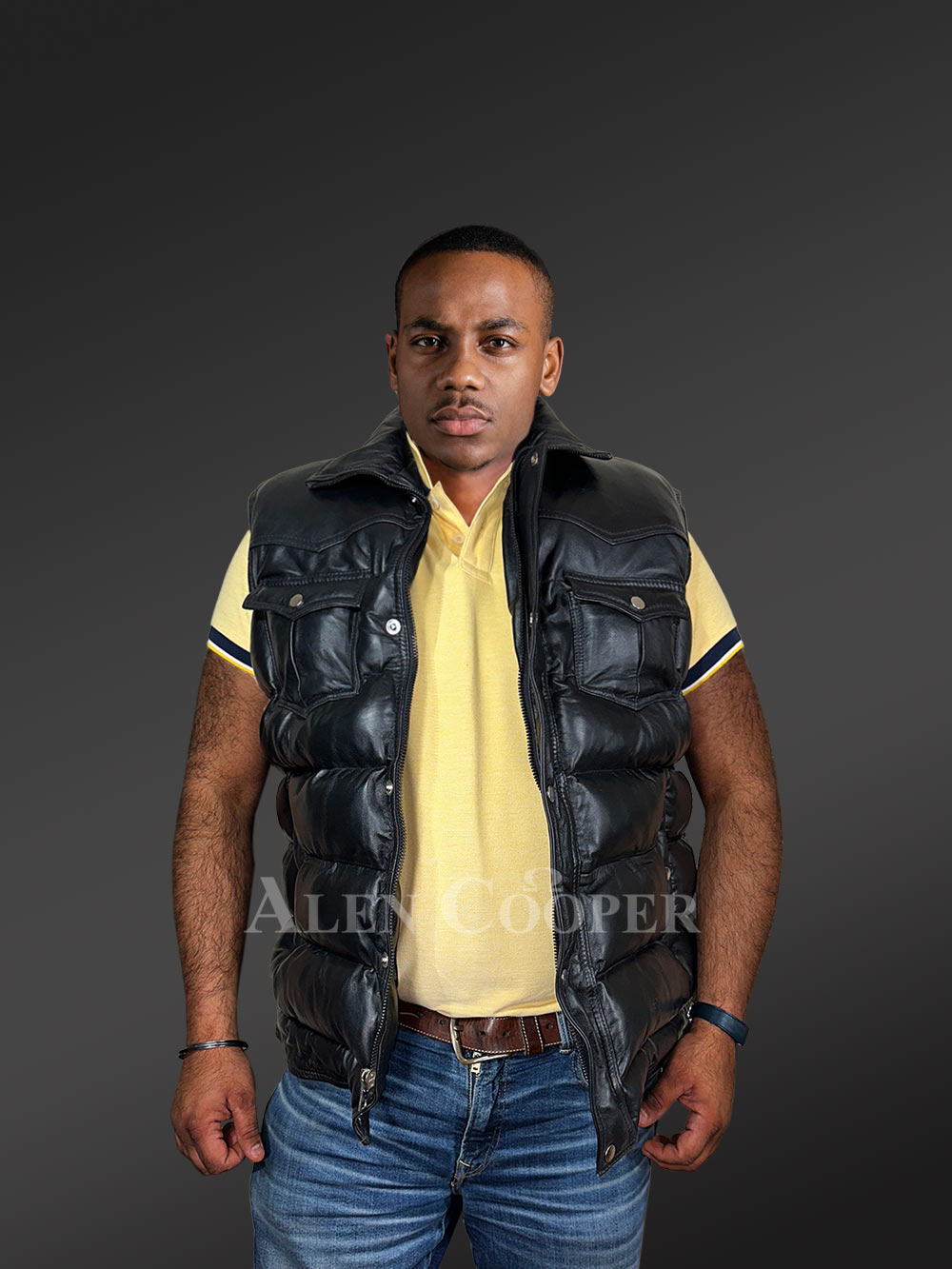 Puffy Leather Bubble Vest Jacket for Men - Image 7
