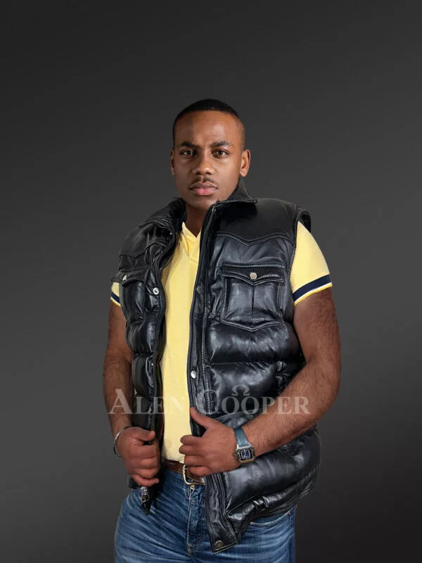 Puffy Leather Bubble Vest Jacket for Men - Image 6