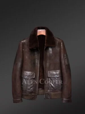 Red-Brown Aviator Bomber Style Shearling Jacket men s