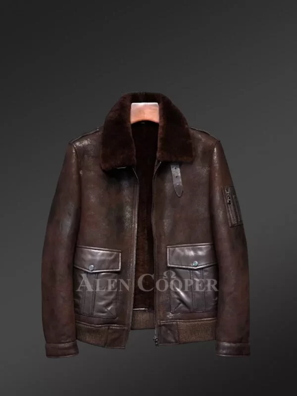 Red-Brown Aviator Bomber Style Shearling Jacket men s