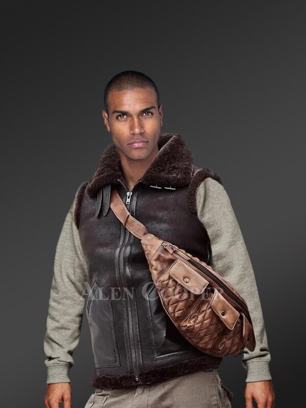 Rich brown sleeveless shearling jacket for manlier you for mens