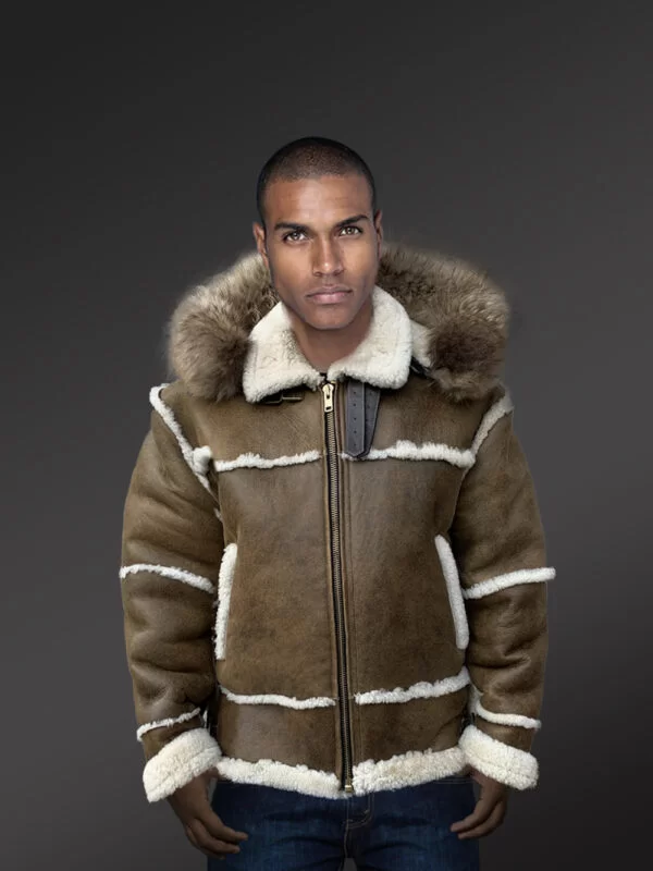 Stylish and appealing men’s B-3 shearling bomber jackets Men with hood from Alen Cooper. Shearling Bomber Leather Jacket with Fur Hood