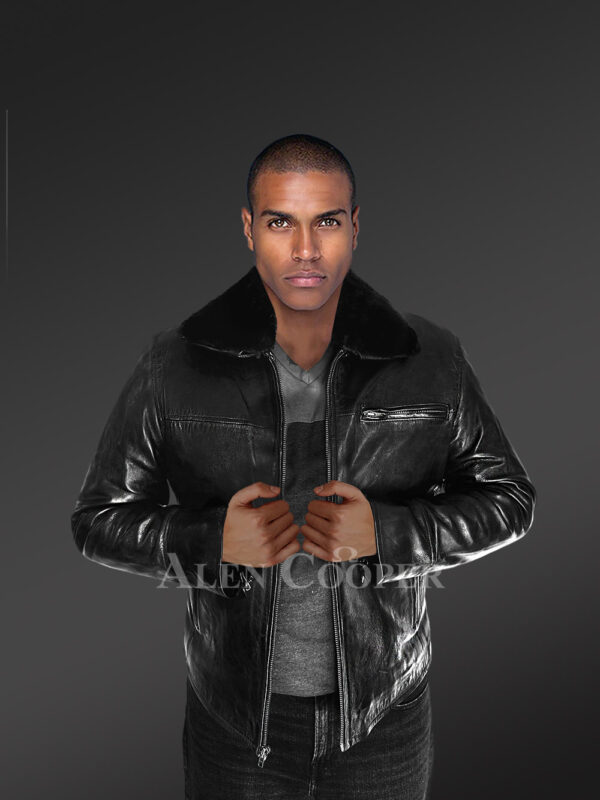 30" Men's Real Leather Jacket with Detachable Shearling Collar - Image 2