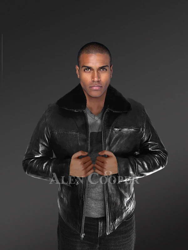 30" Men's Real Leather Jacket with Detachable Shearling Collar - Image 2
