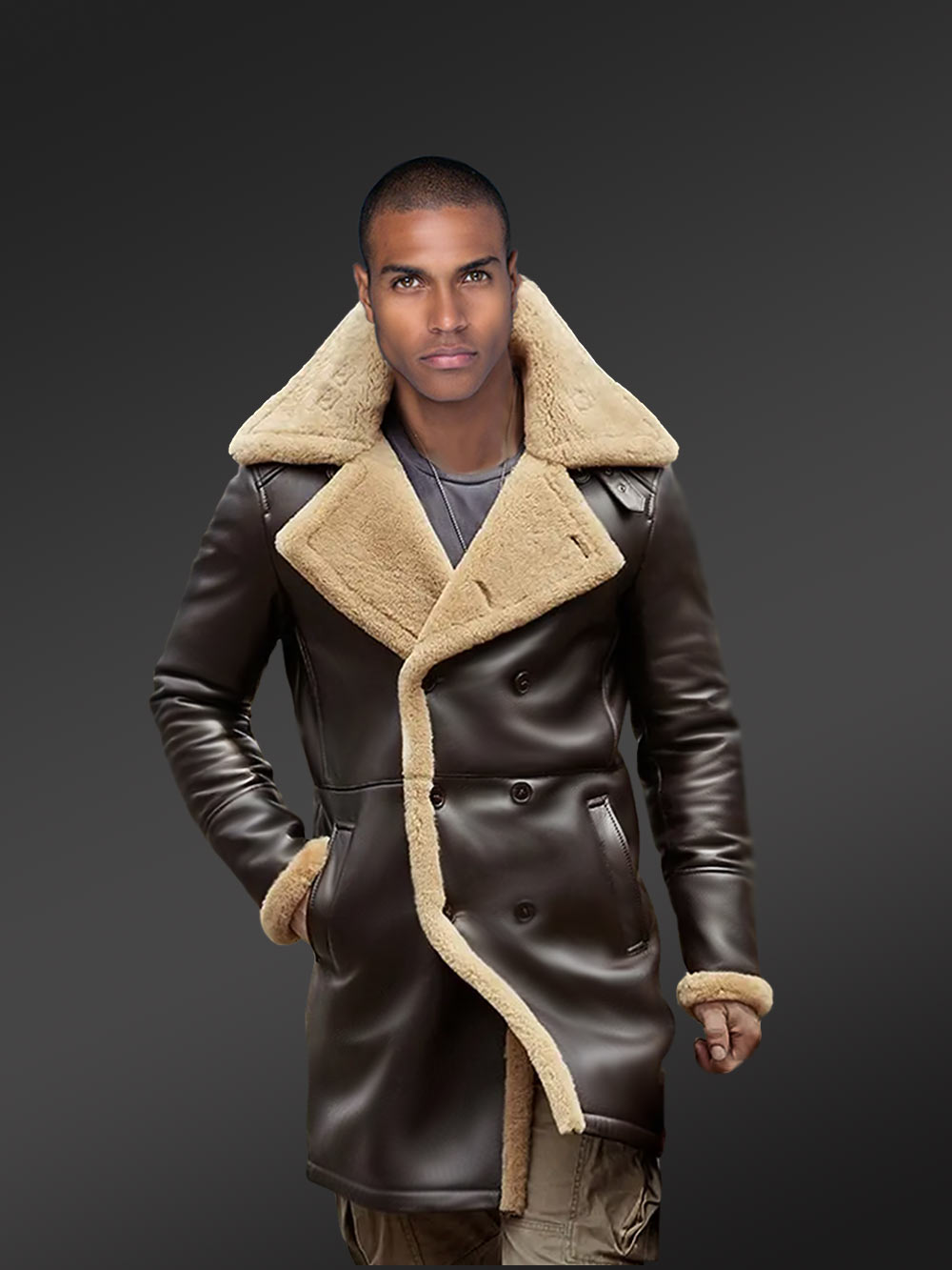 Men's Long Shearling Sheepskin Coat With Wide Grey Fur 