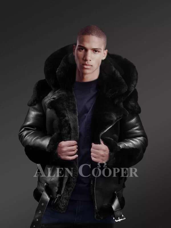 Sheepskin Shearling Biker Jacket with Fur Hood views