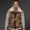 Sleeveless brown shearling jackets to boost manly charm this winter