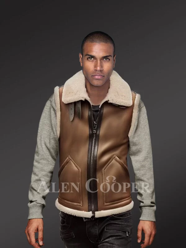 Sleeveless brown shearling jackets to boost manly charm this winter