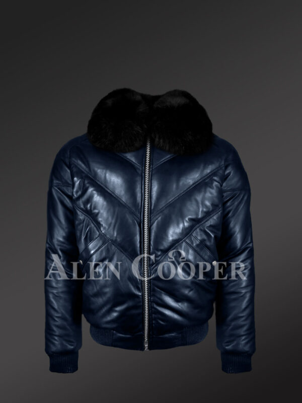 Super stylish vintage real leather v bomber jacket with crystal fox fur collar new model