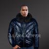 Super stylish vintage real leather v bomber jacket with crystal fox fur collar new model