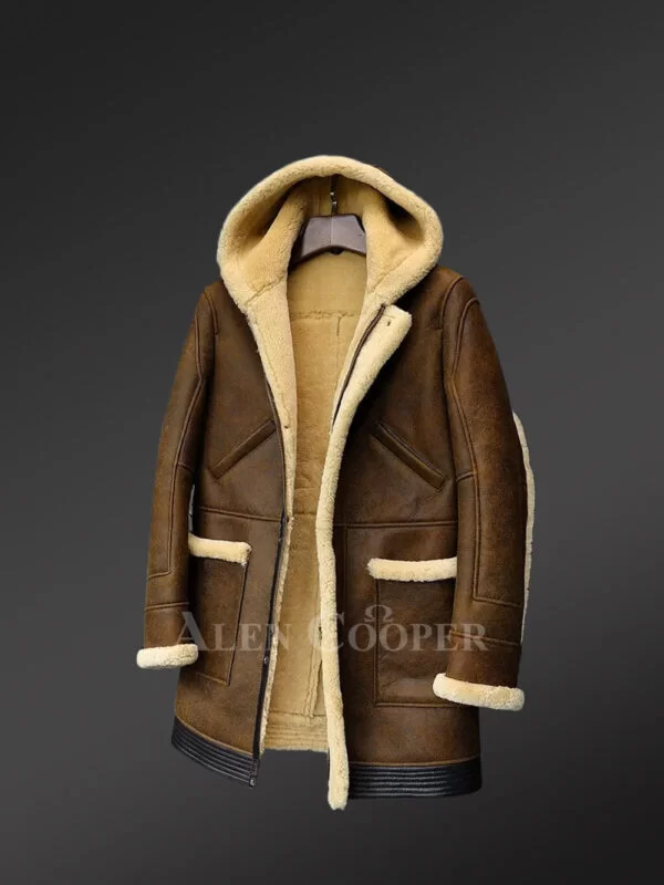 Tan Brown Mid Length Coat is Aesthetically Pleasing Shearling Jacket - Image 3