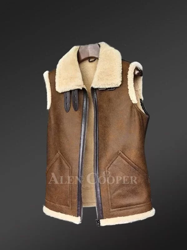 Tan Brown Shearling Vest For Men views