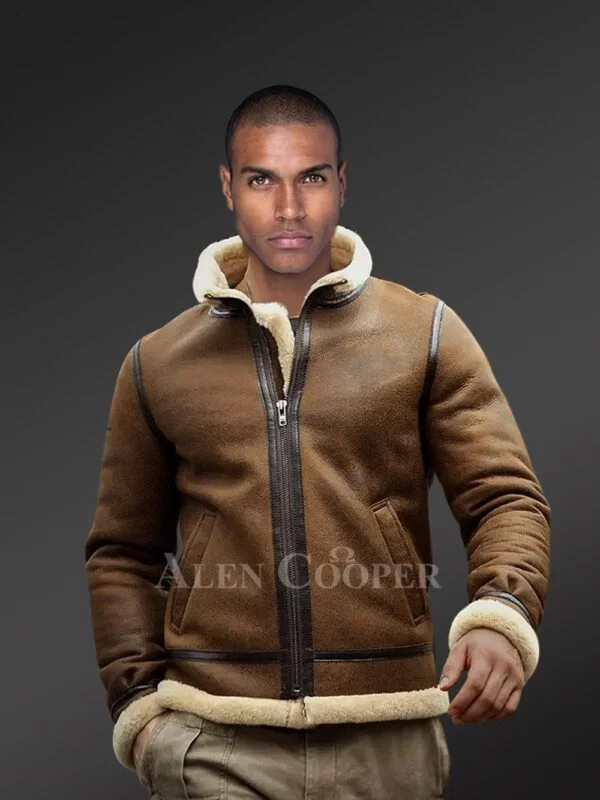 Tan Brown Shearling Bomber Jacket for Men with Leather Lining - Image 2