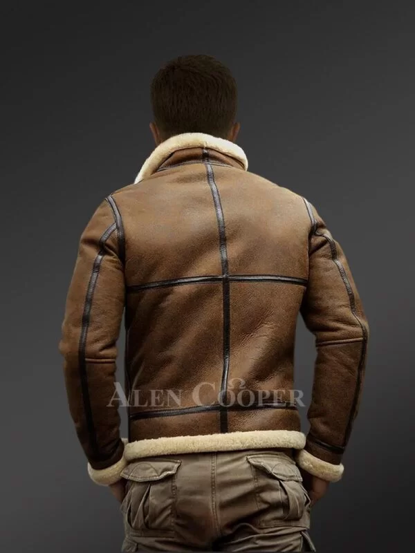 Tan Brown Shearling Bomber Jacket for Men with Leather Lining - Image 3
