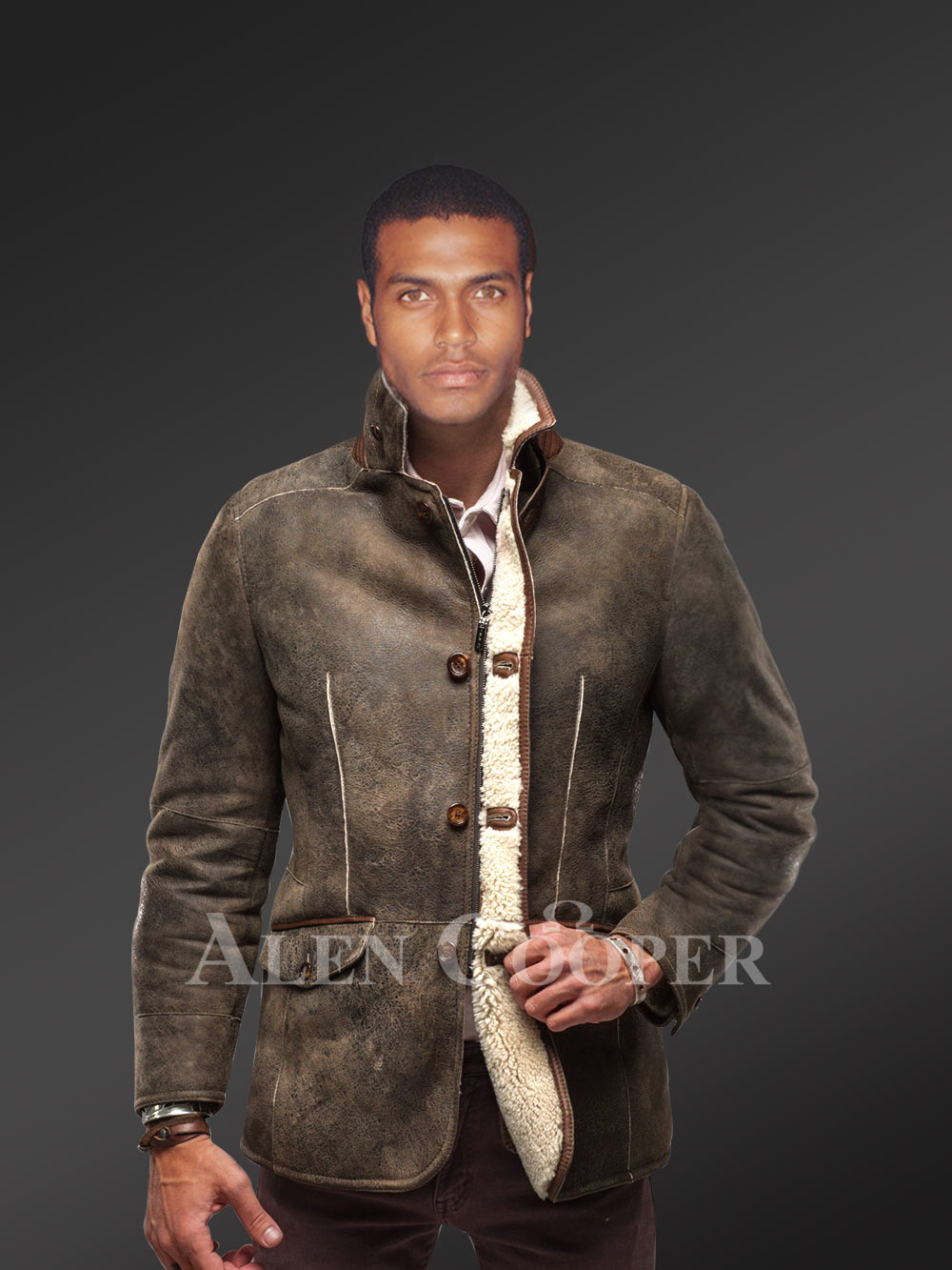 Shearling Sheepskin Men Coat with Collared Neck