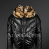 Vintage real leather quilted v-bomber black jacket with raccoon fur collar new
