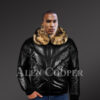 Vintage real leather quilted v-bomber black jacket with raccoon fur collar new