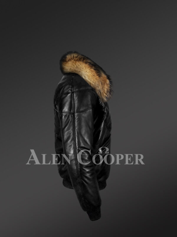 Vintage real leather quilted v-bomber black jacket with raccoon fur collar new