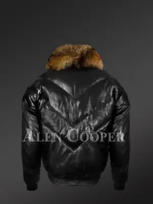 Vintage real leather quilted v-bomber black jacket with raccoon fur collar new