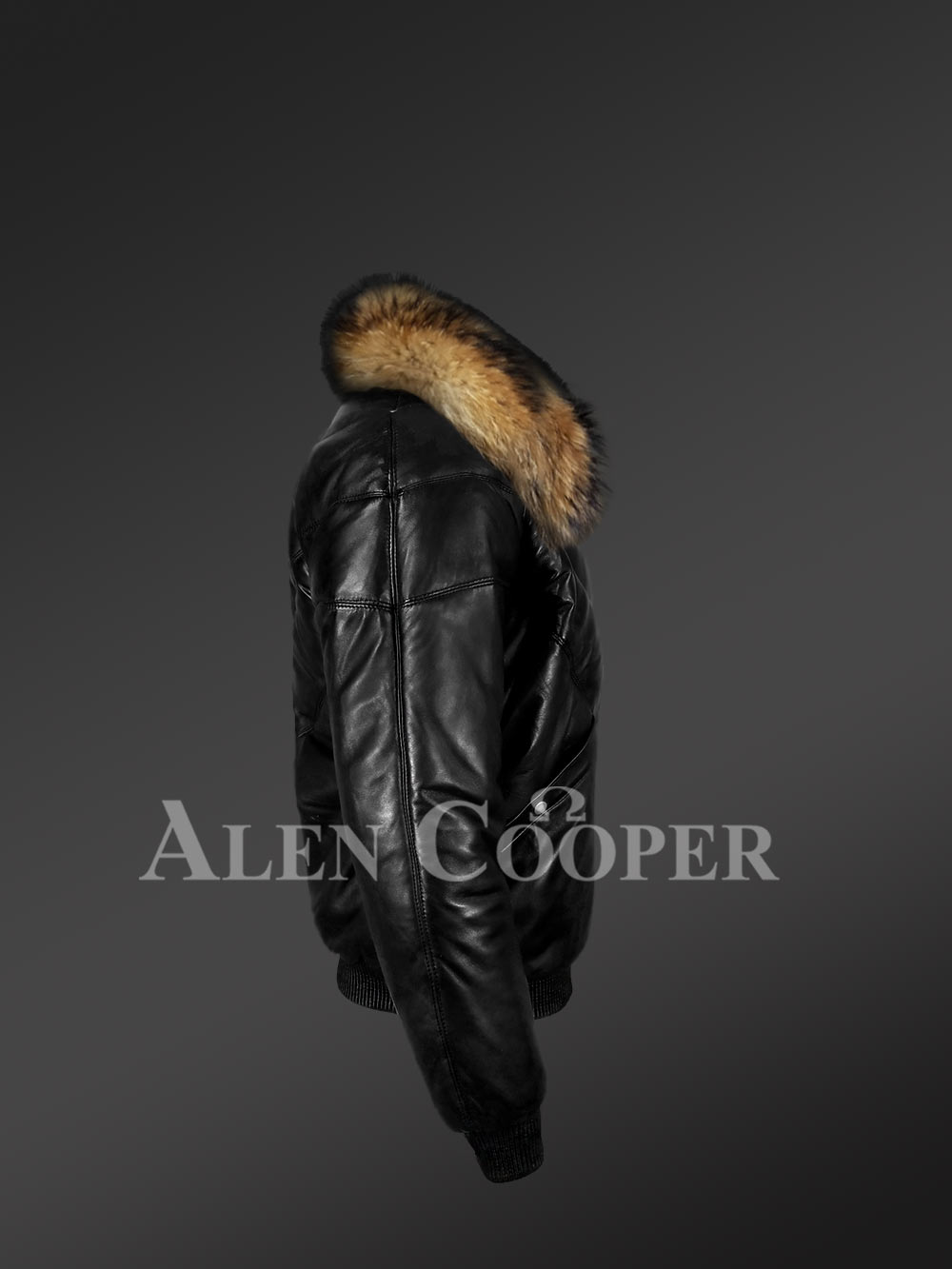 Vintage real leather quilted v-bomber black jacket with raccoon fur collar new