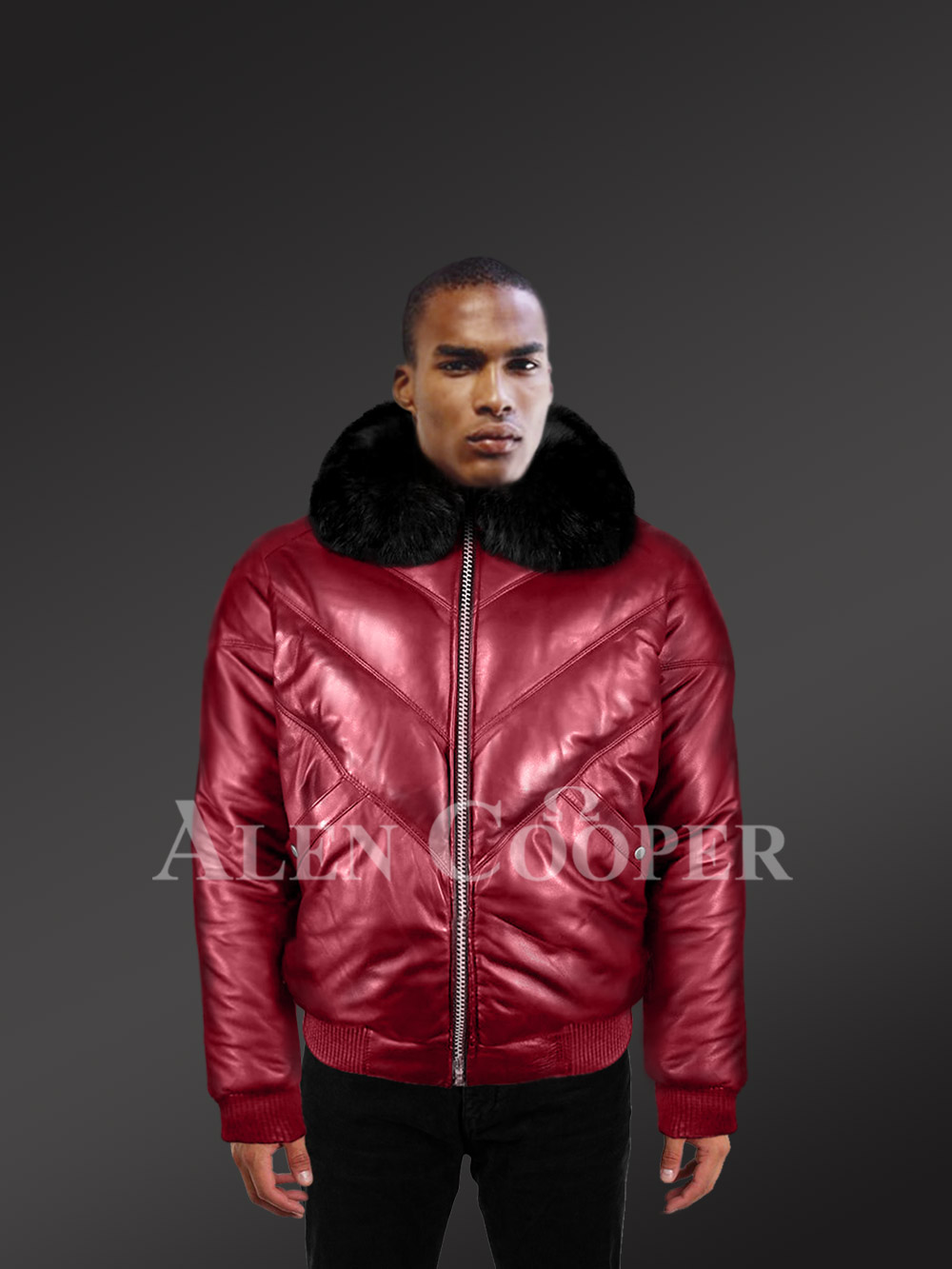 real leather v bomber jacket with black fur collar