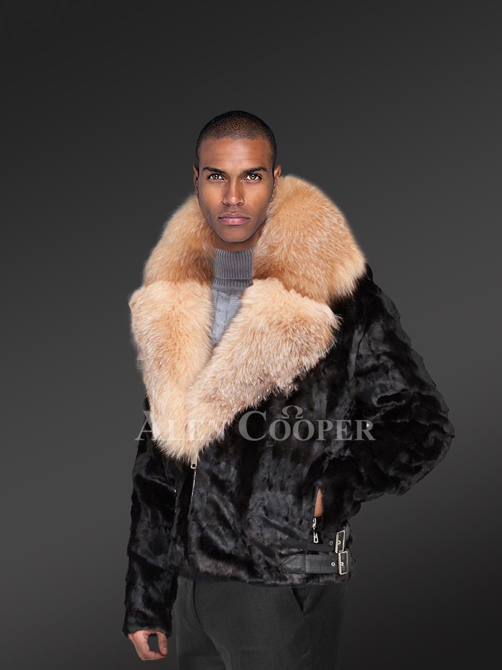 mink fur short winter jacket with comfy fox fur collar and hood