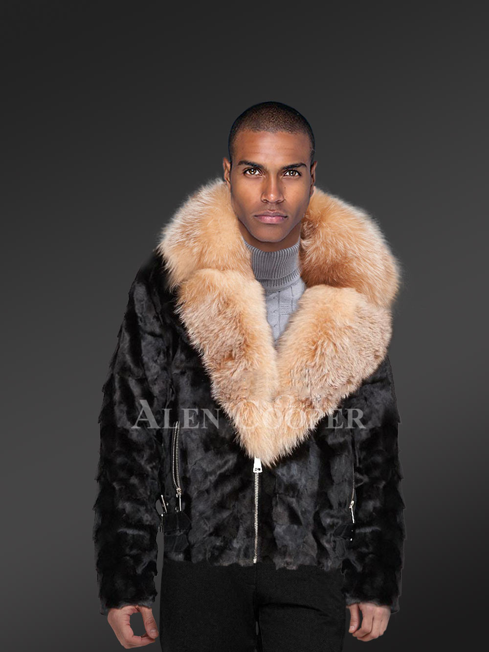 mink fur short winter jacket with comfy fox fur collar and hood