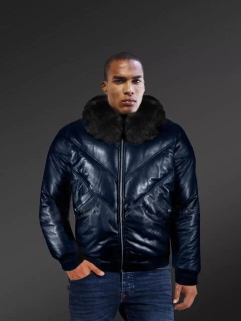 Vintage Real Leather V-Bomber Jacket with Blue Frost Fox Fur Collar for Men