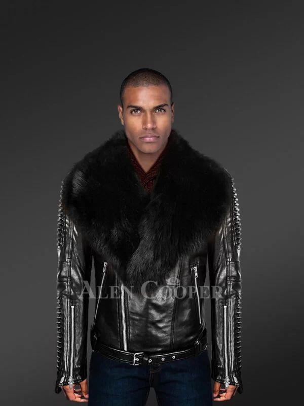 Men’s authentic leather biker jacket with chic fur collar