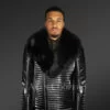 Men’s black real leather biker jacket with leather ribs & black fox fur collar