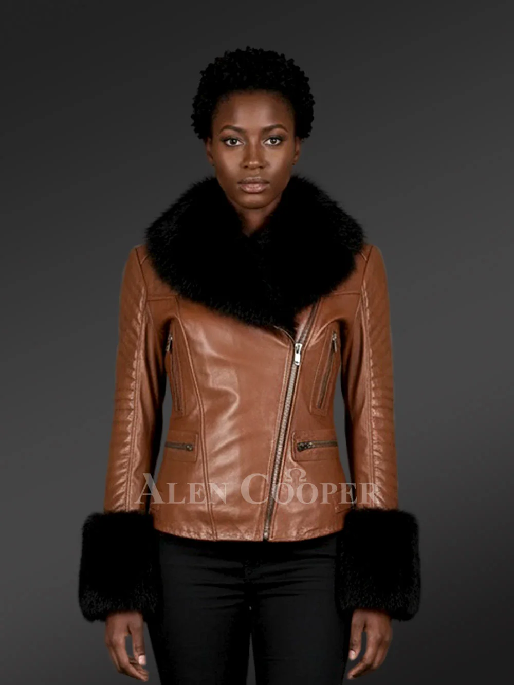 Appealing Leather Jacket with Removable Fur Collar and Hand Cuffs