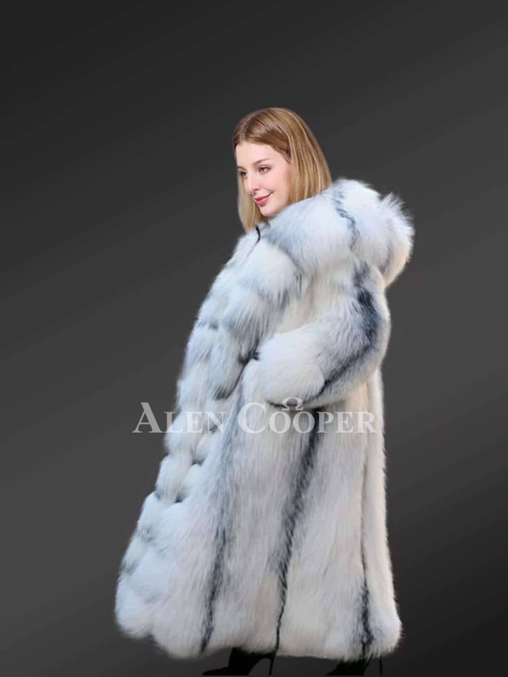 Hooded Arctic Fox Fur knee Coat For Women