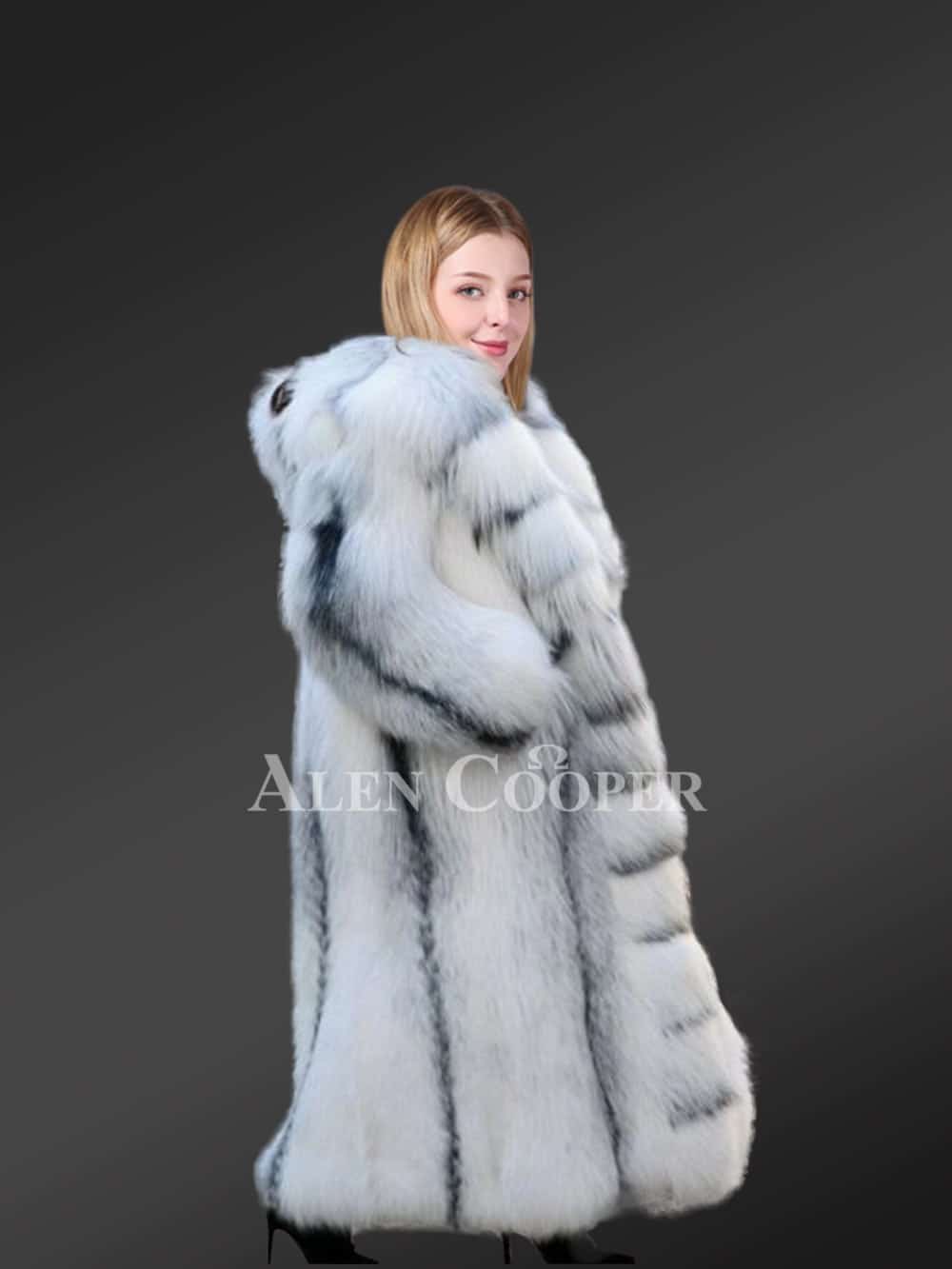 Hooded Arctic Fox Fur knee Coat For Women