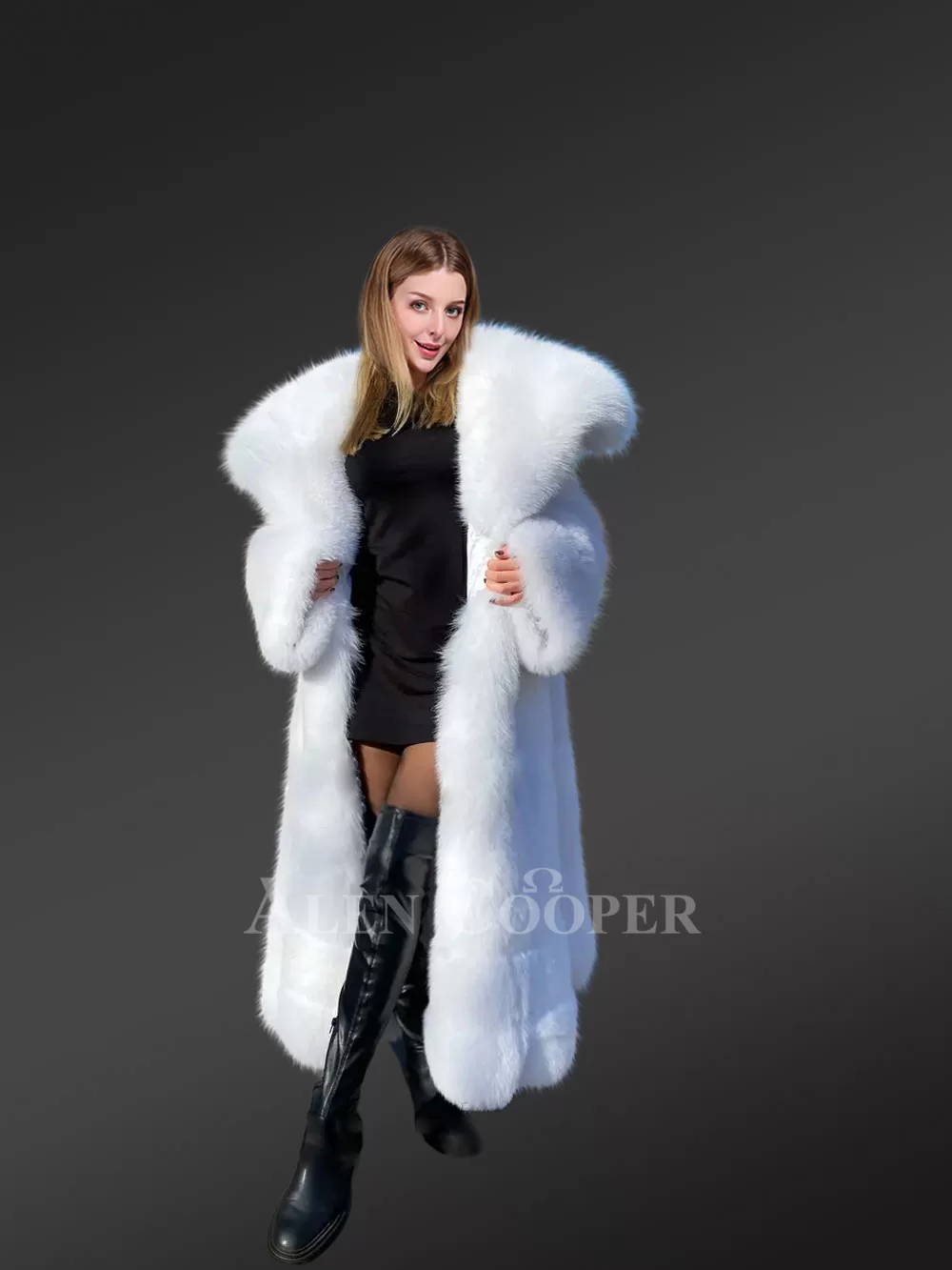 LUXURY WHITE fox Fur Full coat with Whole skins,long coat, luxury fur coat