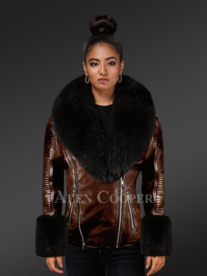 Authentic Leather Jacket with Removable Genuine Fur Collar and Handcuffs