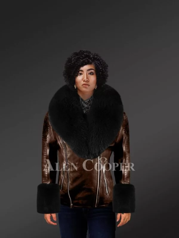 Authentic Leather Jacket with Removable Genuine Fur Collar and Handcuffs
