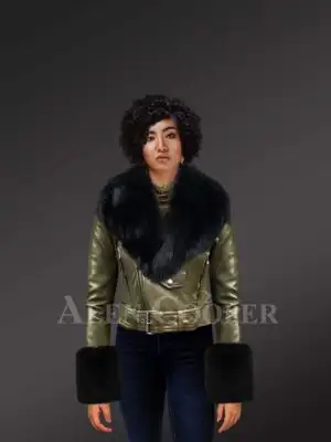 Authentic Leather Jackets In Olive With Removable Fur Collar & Handcuffs